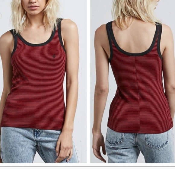 Volcom | NWT Chii Red Black Stripe Stretch Tank Top L - Picture 2 of 4